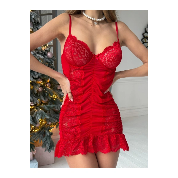 Natalia Kırmızı Dantel Detaylı Gecelik