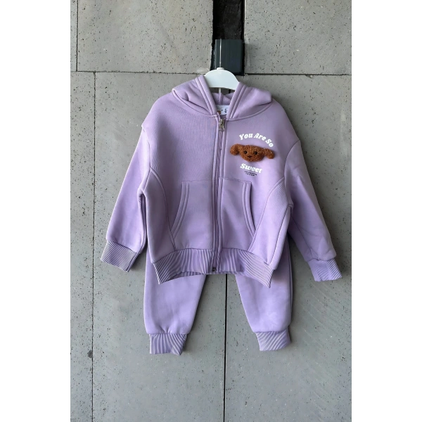 Bayramlık Lila Ayıcık Nakışlı Kız Çocuk Eşofman Takımı