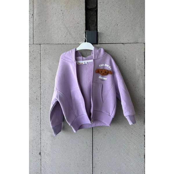 Bayramlık Lila Ayıcık Nakışlı Kız Çocuk Eşofman Takımı