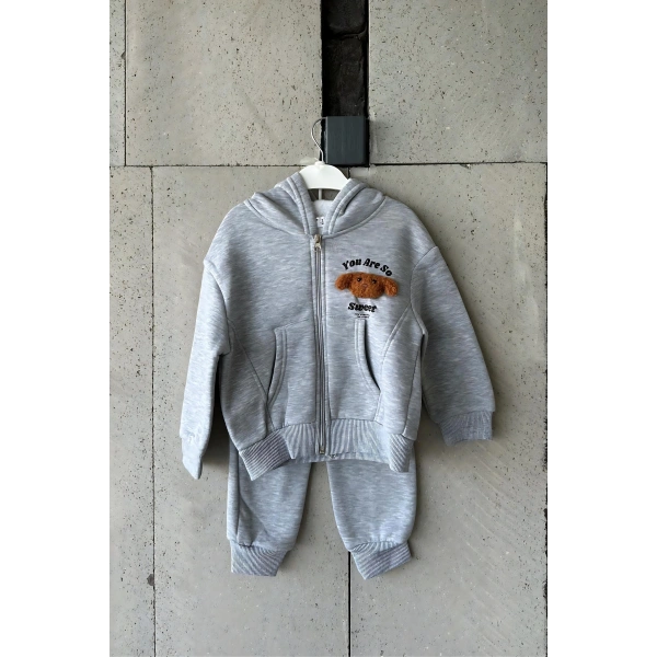 Bayramlık Gri Ayıcık Nakışlı Kız Çocuk Eşofman Takımı