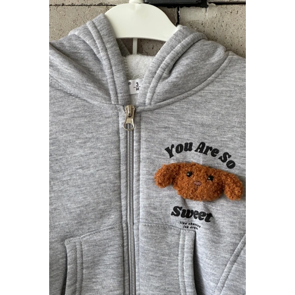 Bayramlık Gri Ayıcık Nakışlı Kız Çocuk Eşofman Takımı