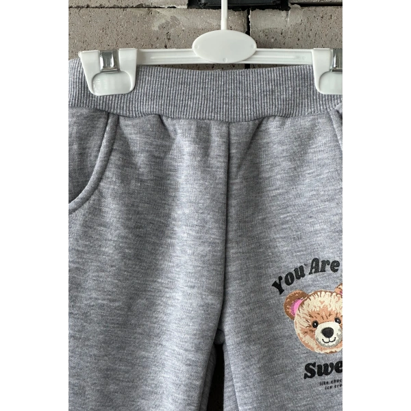 Bayramlık Gri Ayıcık Nakışlı Kız Çocuk Eşofman Takımı