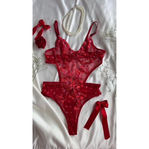 Yılbaşı Hediyesi Sevgililer Günü Özel Kırmızı Kalpli Brode Balenli Kapsız Bodysuit
