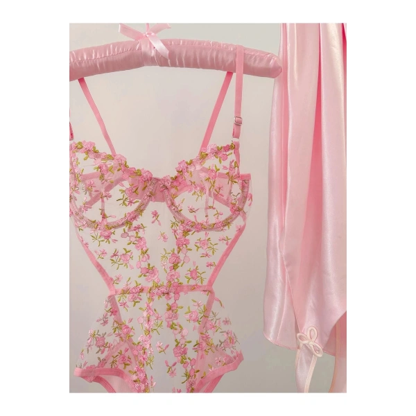 Pembe Dantelli Brode Balenli Kapsız Transparan Bodysuit