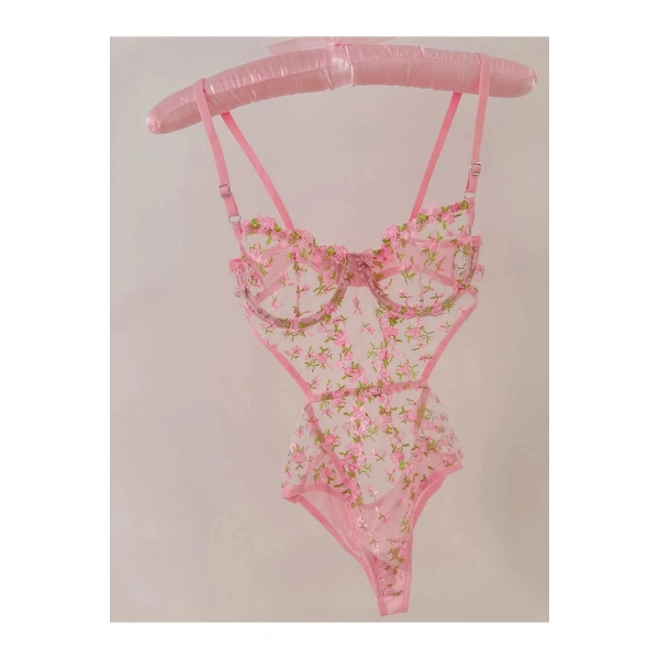 Pembe Dantelli Brode Balenli Kapsız Transparan Bodysuit