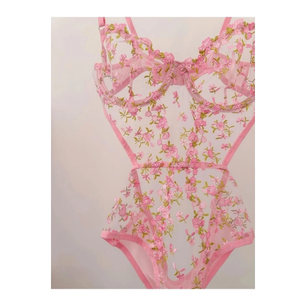 Pembe Dantelli Brode Balenli Kapsız Transparan Bodysuit