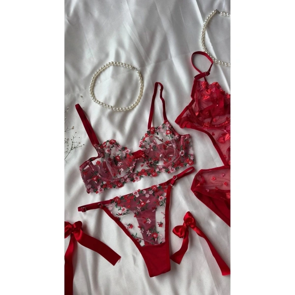 Yılbaşı Hediyesi Çeyiz Seti Kırmızı Transparan Bodysuit ve Balenli Kapsız Tül Sütyen Takımı