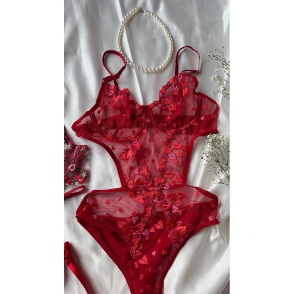 Yılbaşı Hediyesi Çeyiz Seti Kırmızı Transparan Bodysuit ve Balenli Kapsız Tül Sütyen Takımı