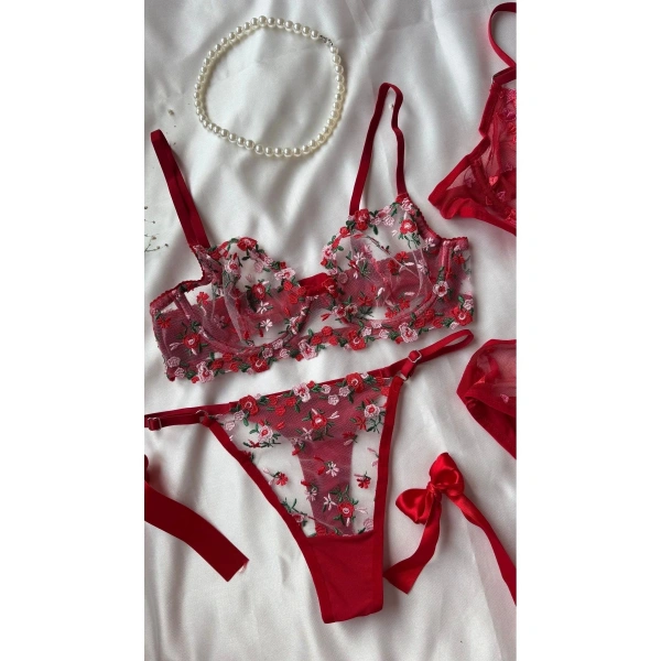 Yılbaşı Hediyesi Çeyiz Seti Kırmızı Transparan Bodysuit ve Balenli Kapsız Tül Sütyen Takımı