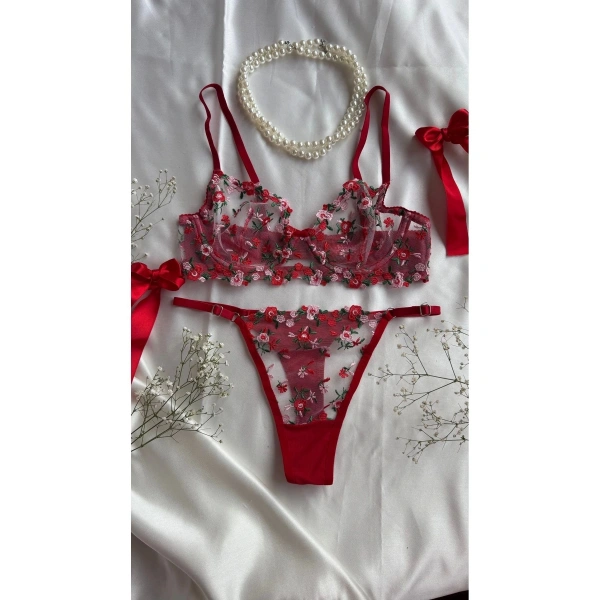 Yılbaşı Hediyesi Çeyiz Seti Kırmızı Transparan Bodysuit ve Balenli Kapsız Tül Sütyen Takımı
