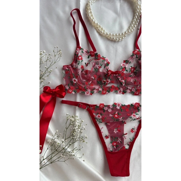Yılbaşı Hediyesi Çeyiz Seti Kırmızı Transparan Bodysuit ve Balenli Kapsız Tül Sütyen Takımı