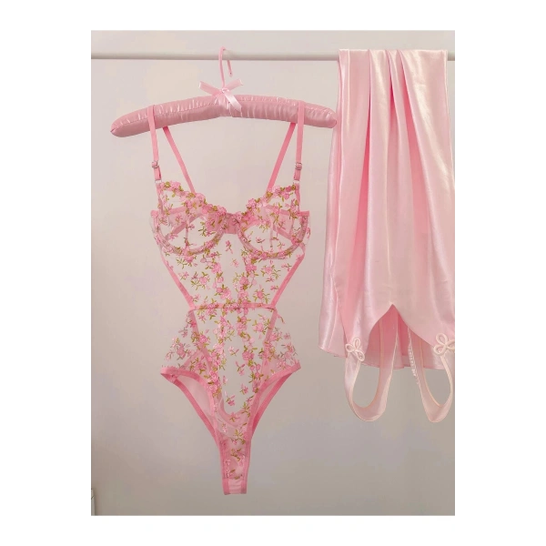 Çeyiz Seti Pembe Transparan Bodysuit ve Balenli Kapsız Tül Sütyen Takımı