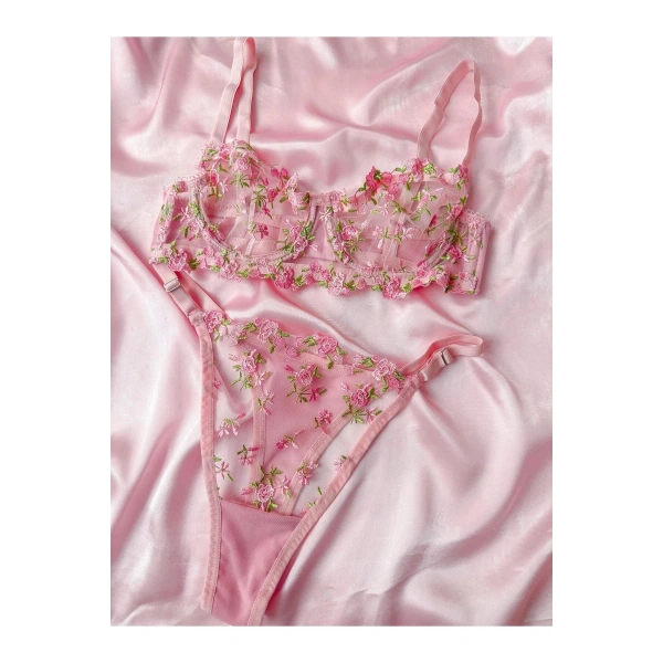 Çeyiz Seti Pembe Transparan Bodysuit ve Balenli Kapsız Tül Sütyen Takımı