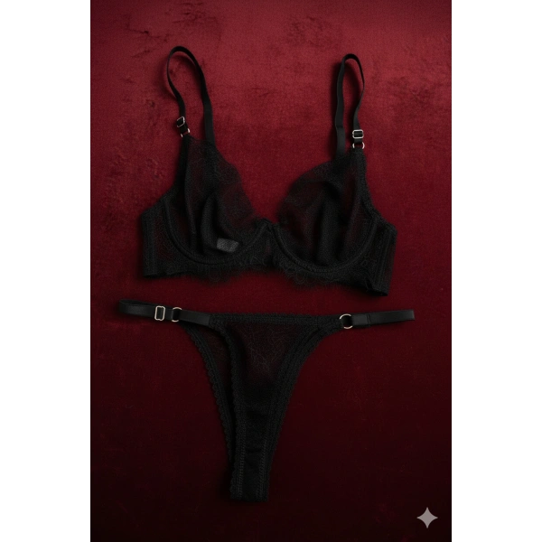 Yılbaşı Hediyesi Siyah Dantel Balenli Kapsız Tül Sütyen Takımı