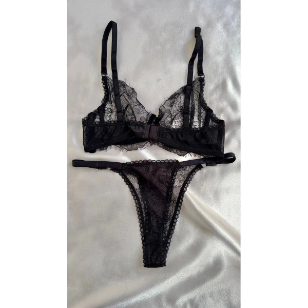 Yılbaşı Hediyesi Siyah Dantel Balenli Kapsız Tül Sütyen Takımı