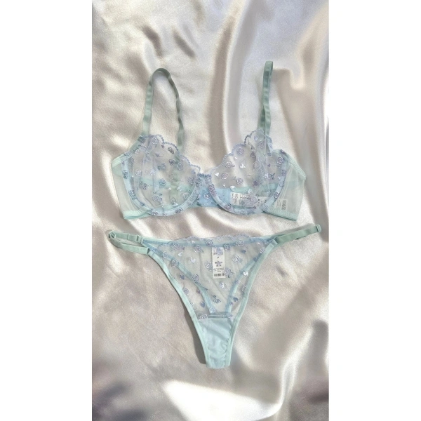 Bebek Mavisi Premium Sütyen Takımı - Transparan Çiçekli Tül İç Giyim Seti