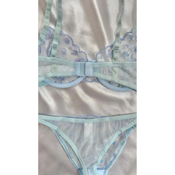 Bebek Mavisi Premium Sütyen Takımı - Transparan Çiçekli Tül İç Giyim Seti