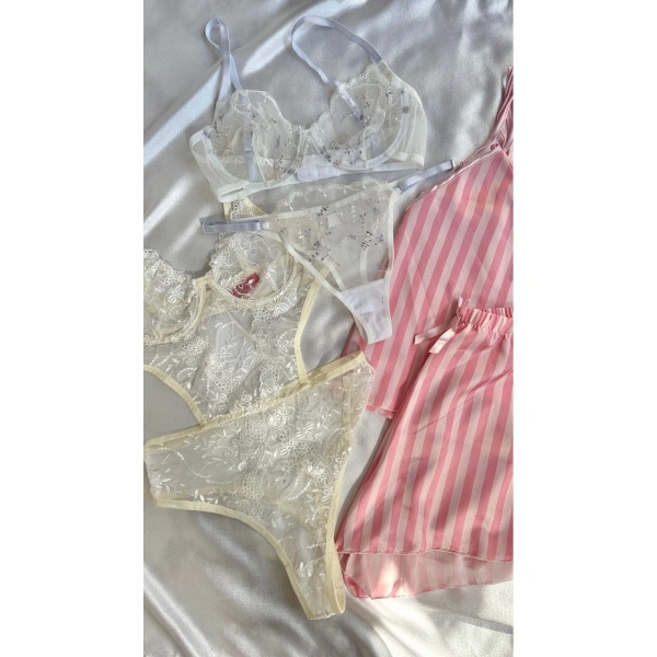 Yılbaşı Hediyesi Kadın 5li Saten Gecelik Sütyen Şort Çeyiz Seti