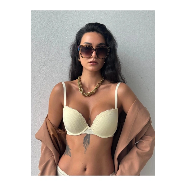 Vintage Sarı Destekli Balenli Dantelli Sütyen