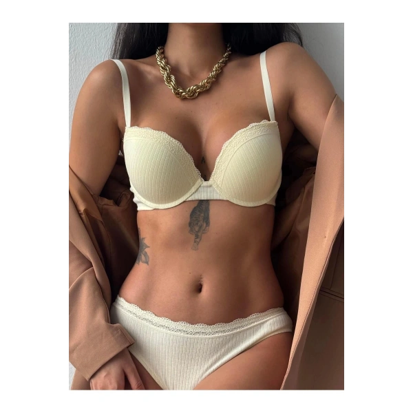 Vintage Sarı Destekli Balenli Dantelli Sütyen