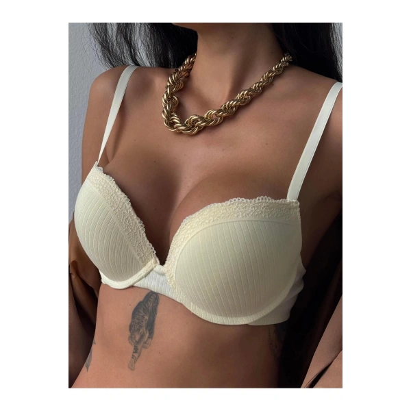 Vintage Sarı Destekli Balenli Dantelli Sütyen