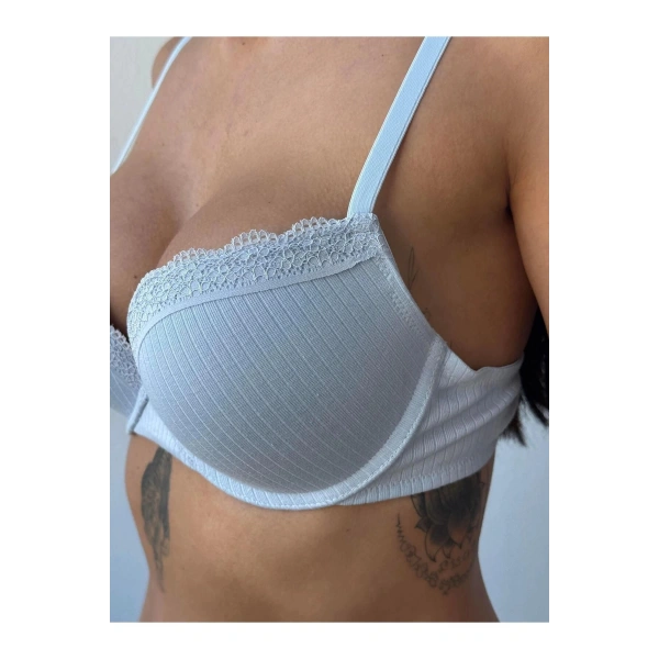 Vintage Mavi Destekli Balenli Dantelli Sütyen