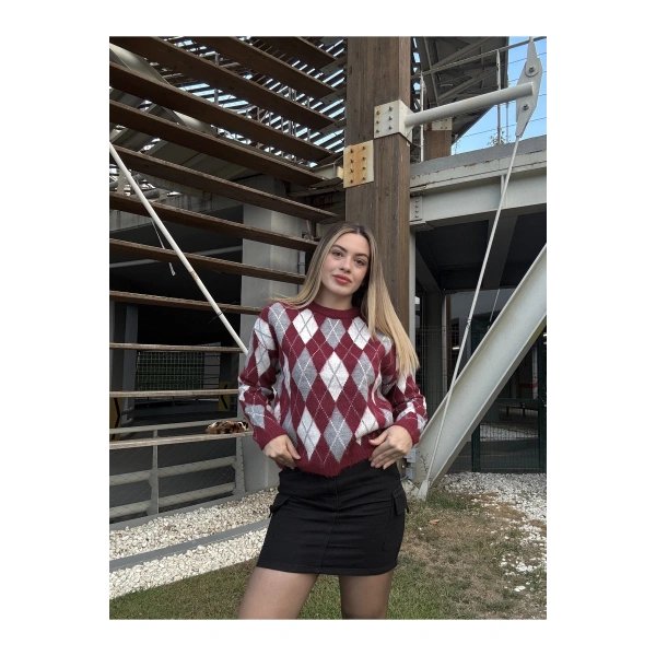 Bordo Bisiklet Yaka Oversize Kadın Triko Kazak