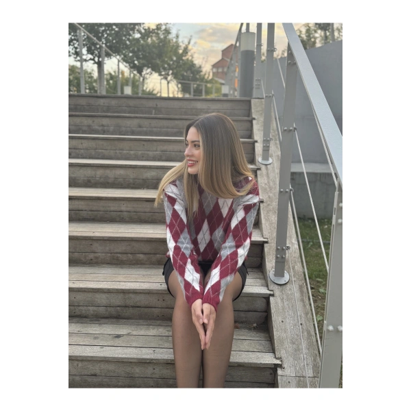 Bordo Bisiklet Yaka Oversize Kadın Triko Kazak