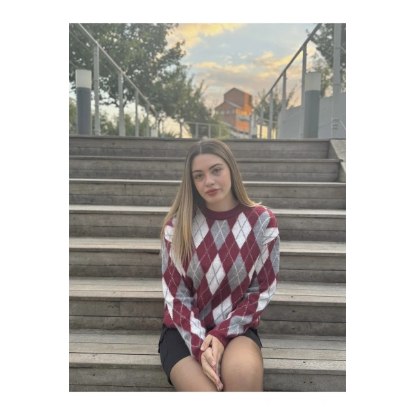 Bordo Bisiklet Yaka Oversize Kadın Triko Kazak