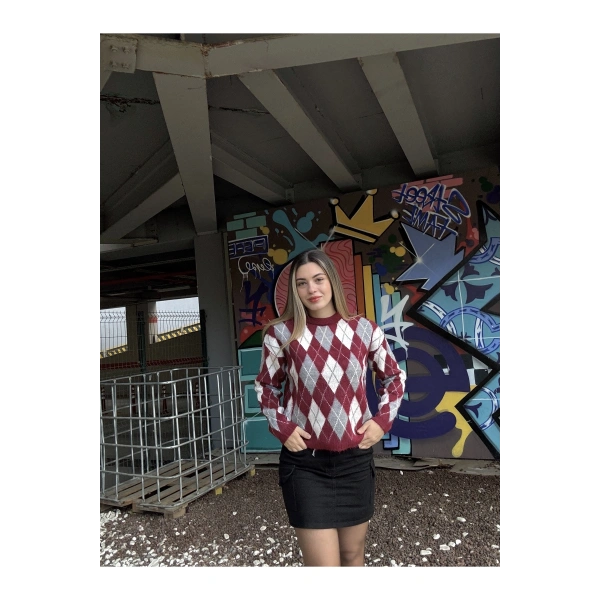 Bordo Bisiklet Yaka Oversize Kadın Triko Kazak