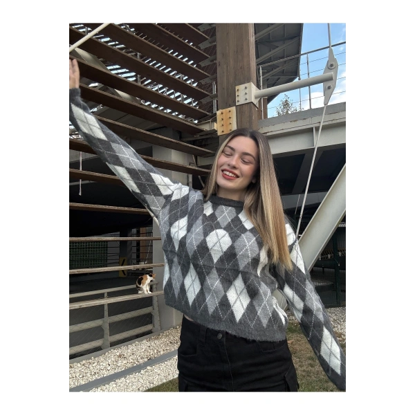 Gri Bisiklet Yaka Oversize Triko Kazak