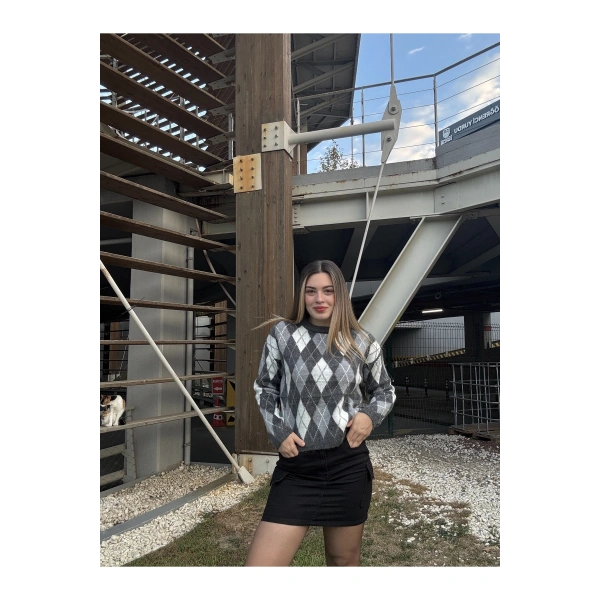 Gri Bisiklet Yaka Oversize Triko Kazak