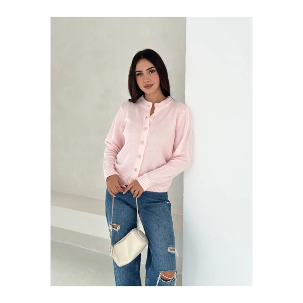 Pembe ZR Model Düğmeli Triko Hırka