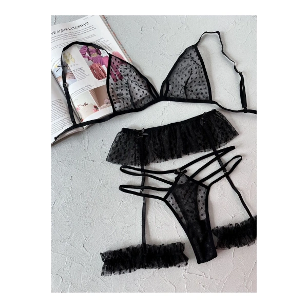 Yılbaşı Hediyesi Siyah Lovely Puantiye Desenli Siyah Jartiyer Seti