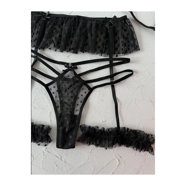 Yılbaşı Hediyesi Siyah Lovely Puantiye Desenli Siyah Jartiyer Seti