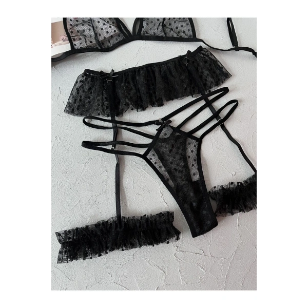 Yılbaşı Hediyesi Siyah Lovely Puantiye Desenli Siyah Jartiyer Seti