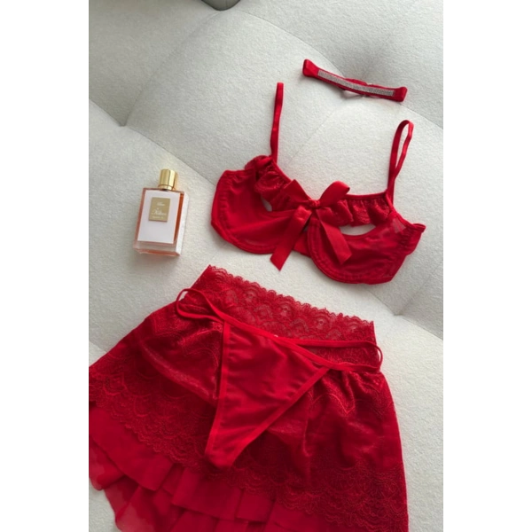 Yılbaşı Hediyesi Stella Dantel Detaylı Kırmızı Etekli Bralet Set