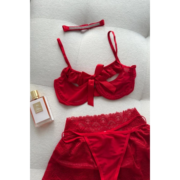 Yılbaşı Hediyesi Stella Dantel Detaylı Kırmızı Etekli Bralet Set