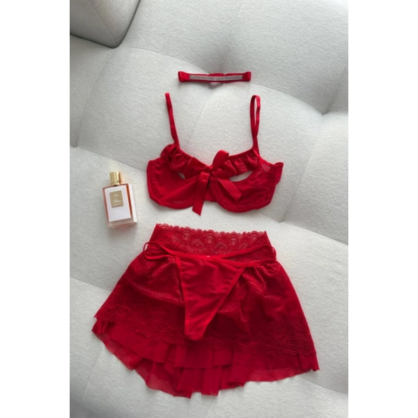 Yılbaşı Hediyesi Stella Dantel Detaylı Kırmızı Etekli Bralet Set