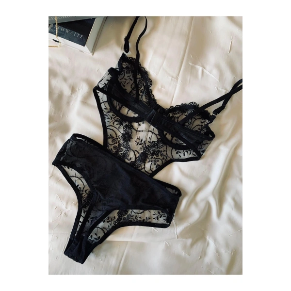 Yılbaşı Hediyesi Siyah Dantelli Brode Balenli Kapsız Transparan Bodysuit