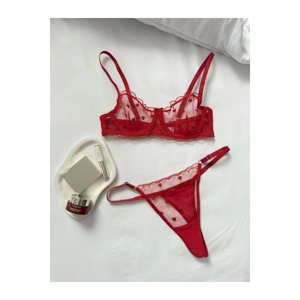 Yılbaşı Hediyesi Kadın Kırmızı Minik Kalpli Tül Tanga Sütyen İç Giyim