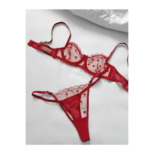 Yılbaşı Hediyesi Kadın Kırmızı Minik Kalpli Tül Tanga Sütyen İç Giyim