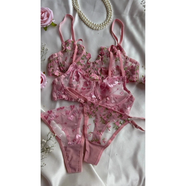 Çeyiz Seti Pembe Balenli Kapsız Tül Sütyen Takımı