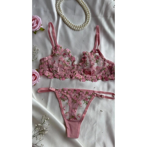 Çeyiz Seti Pembe Balenli Kapsız Tül Sütyen Takımı
