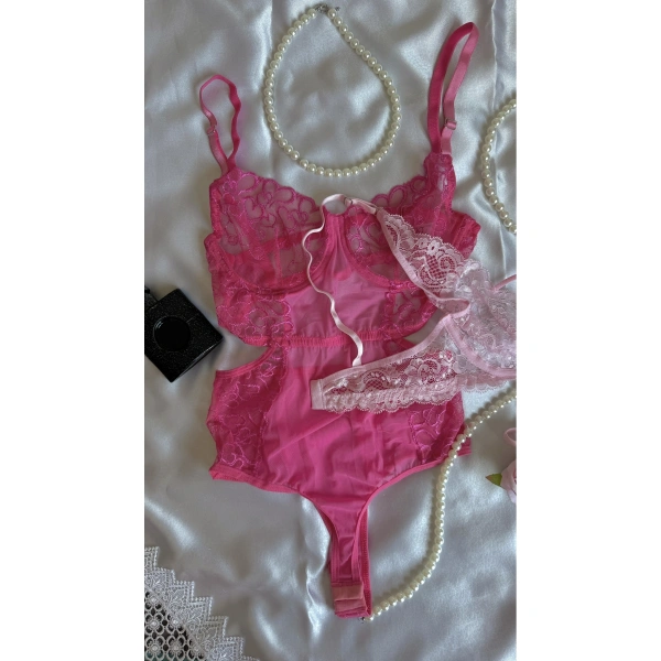 Pembe ve Fuşya Dantel Detaylı Transparan Sütyen & Tanga Seti