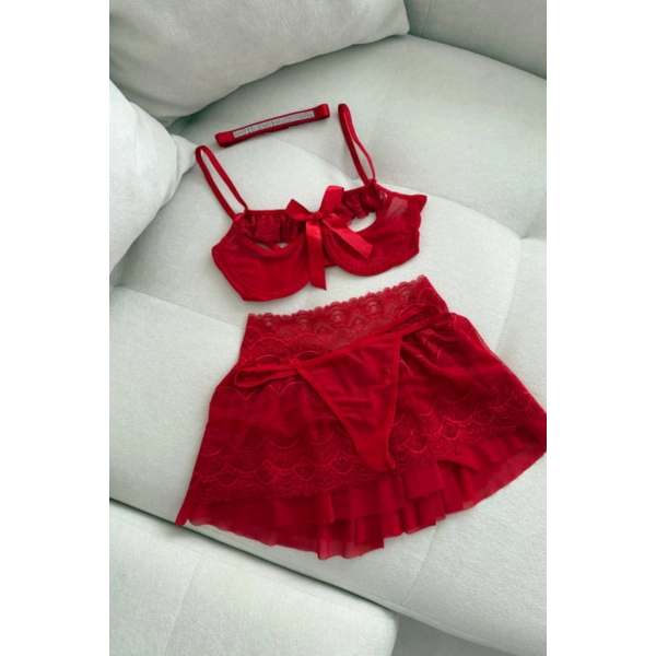 Yılbaşı Hediyesi Stella Dantel Detaylı Kırmızı Etekli Bralet Set