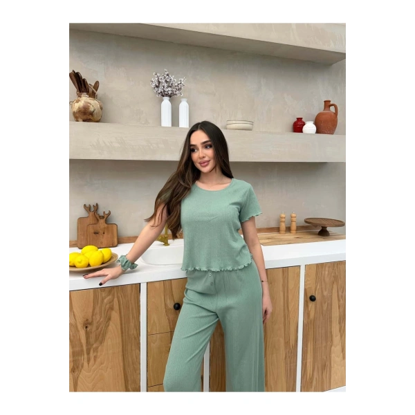 Saf %100 Pamuk Mint Yeşili Kısa Kol Kadın Pijama Takımı