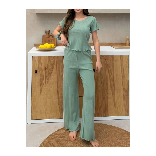 Saf %100 Pamuk Mint Yeşili Kısa Kol Kadın Pijama Takımı