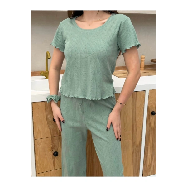 Saf %100 Pamuk Mint Yeşili Kısa Kol Kadın Pijama Takımı