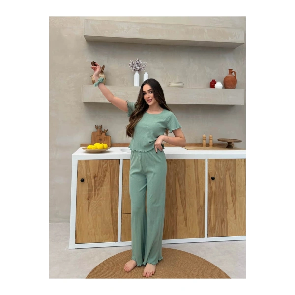 Saf %100 Pamuk Mint Yeşili Kısa Kol Kadın Pijama Takımı